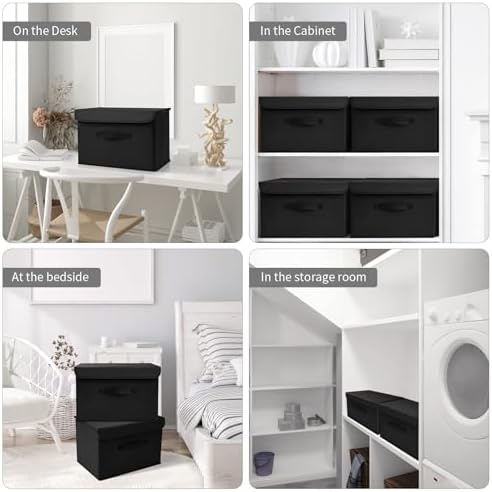 Set van 2 opbergboxen met deksel, opvouwbare opbergbox met handvat, opbergmanden van stof, kledingkast-organizer, opvouwbare box voor kleding, zwart