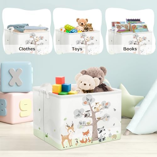 Opbergmand van 36 l met bosdieren (herten, vossen) voor kinderen, met handvat, witte rechthoekige opbergbox voor speelgoed en kleding voor de kinderkamer en badkamer