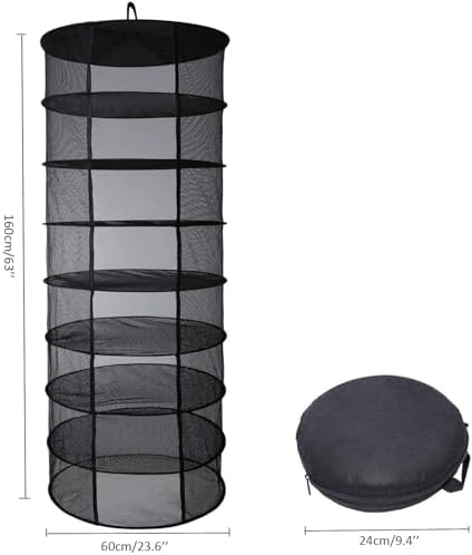 Kruidendroognet, 8-laags plantennet, droogrek voor kruiden, 2 ft hangend plantendroognet, zwart (H 160 x D 60 cm)