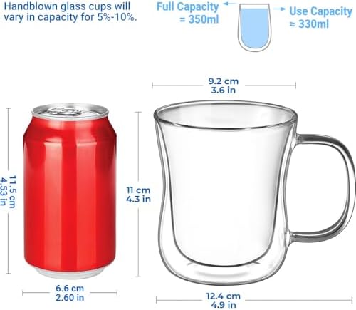 Set dubbelwandige latte macchiato-glazen, koffiekopjes van borosilicaatglas, set van 6, 350 ml, theeglazen met oor voor cappuccino, latte macchiato,