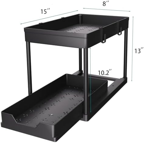Keukenorganizer, 2 planken onder de gootsteen, keukenkastorganizer met 4 haken, kastmand voor keuken, badkamer, schoonmaakmiddelen, wasmiddelen (zwart)