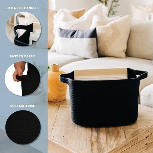 Opbergmanden, opbergbakken van katoenen touw voor planken en kinderkamers, opbergmand voor hondenspeelgoed, decoratieve manden voor speelgoed, handdoeken en boeken – 15 x 10 x 9, zwart