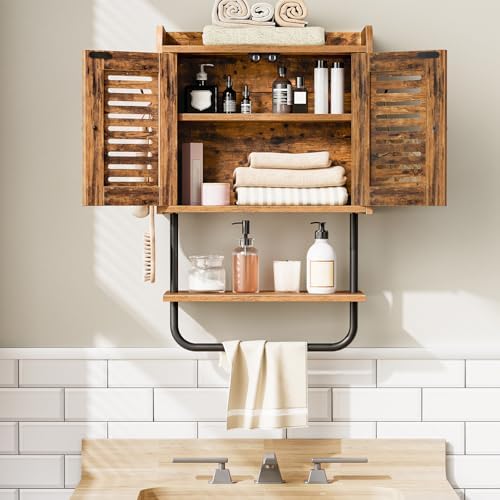 Medicijnkast, badkamerkast, wandkast voor de badkamer, keukenkast, badkamerkast met kleppen en handdoekhouder, verstelbare plank, 2 Hoo