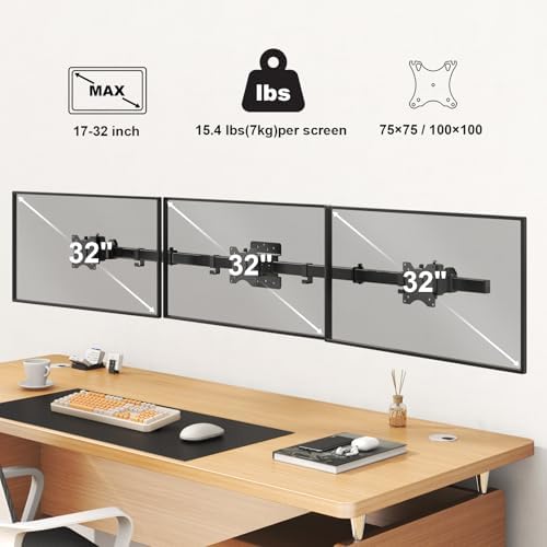 Monitorwandbeugel voor 3 monitoren met 17–32 inch schermen, draaibaar en kantelbaar, VESA 75 x 75/100 x 100 mm, max. 7 kg per scherm, zwart