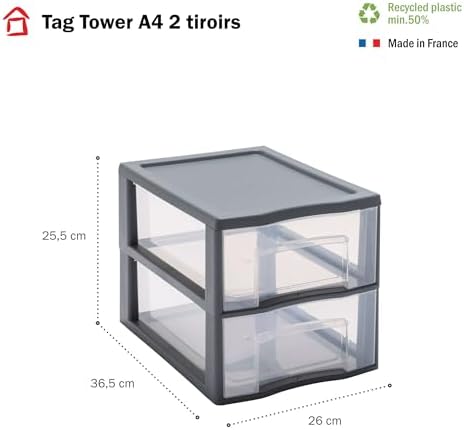 Tag Tower kunststof ladekast Grijs 2 doorzichtige lades voor A4-papier Hoogte 25,5 cm Stapelbaar Ideaal voor bureau, onderwijs, documenten, accessoires