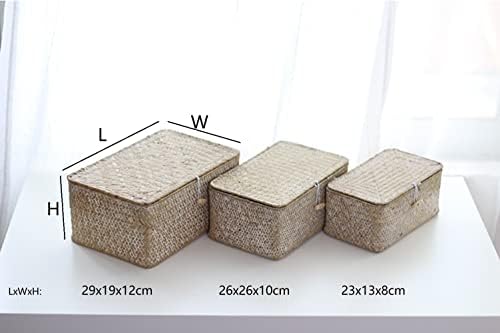 Zeegras opbergmand met deksel, handgevlochten rechthoekige rotanbox voor speelgoed, kleding, boeken, sleutels, make-up organizer, set van 3 opbergmanden