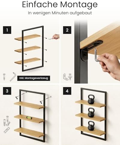 Wandplank van bamboe met zwart metalen frame, 75x50x15cm, hangende plank met modern design, wandplank van metaal en hout, wandmeubel voor de woonkamer