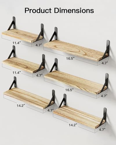 6 stuks wandplanken van hout en metaal, wandplanken voor opslag, planken voor aan de muur, maximale belasting 40 lbs, voor woonkamer, slaapkamer, kantoor