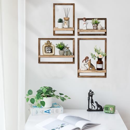 Houten wandplank, wanddecoratie voor de woonkamer: set van 4 planken, wandplanken, wandplankjes – rustieke wanddecoratie voor de slaapkamer (bruin)