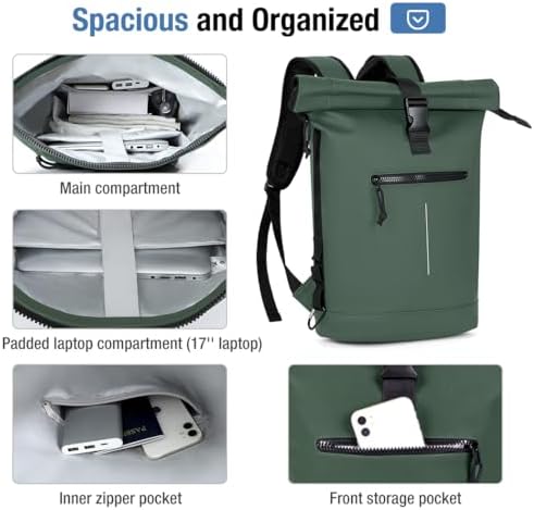 Laptoprugzak, waterdichte rolltop-wandelrugzak voor dames en heren, lichtgewicht, 3. groen, rolltop-laptoprugzak