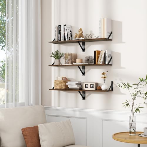 Wandplank 2-delige set, zwevende plank 40 x 20 x 12,3 cm, vintage bruine plank, boekenplank met metalen beugel, wandplank voor woonkamer, badkamer