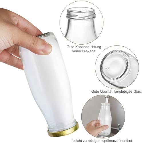 Set van 4 glazen flessen van 330 ml: smoothiefles, melkfles met deksel en rietje, herbruikbare sapflessen om te vullen met sap, smoothies, melk, voor school,