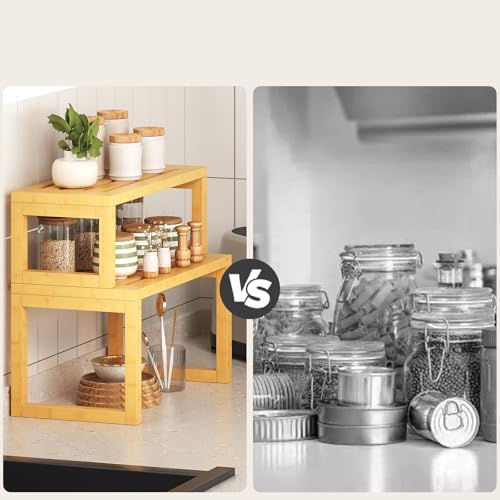 Kruidenrek, set van 2 keukenorganizers, bamboe keukenrek, kastorganizer, kruidenhouder, klein rek voor keuken, eetkamer, woonkamer, kantoor, kast