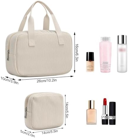 Make-uptasje voor dames, toilettas van corduroy, groot make-uptasje met vakken, make-uptasje, toilettas, tas, organizer, beige, Utility
