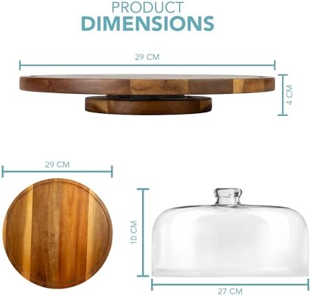 Draaibare taartstandaard met glazen kap, 10-inch taartstandaard van antislip acaciahout met heldere acrylglaskap voor taarten, gebak, kaas, ideaal voor verjaardagen