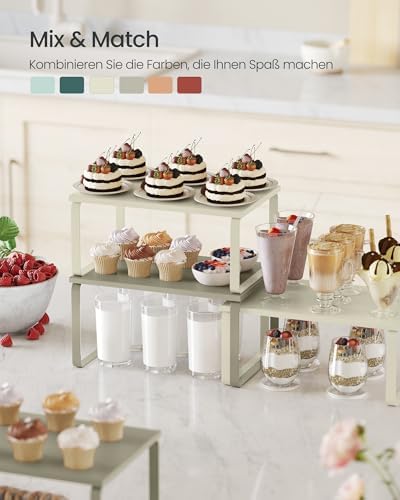 Kruidenrek, set van 2 keukenorganizers, keukenrek, kastorganizer voor de keuken, uitbreidbaar, klein rek, stapelbaar, van metaal en houtcomposiet, crèmewit