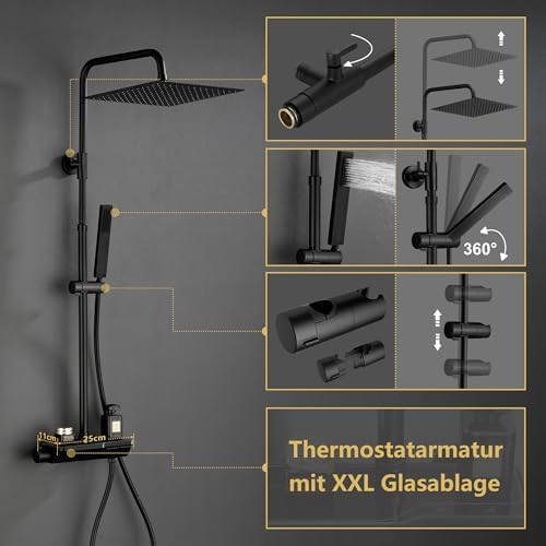 Roestvrijstalen doucheset met douchekraan, complete set, regendouche, douchesysteem met thermostaat, hoofddouche, handdouche, douchestang, matzwart (