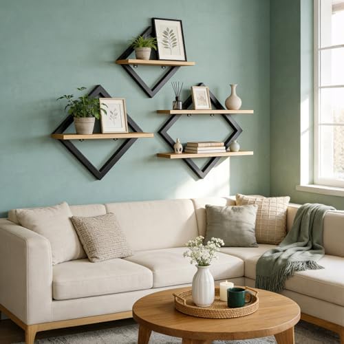 Wandplank 3-delige set, ruitvormige hangplanken, zwevende plank, modern, zwart en hout, 29 cm, 35 cm, 41 cm, voor woonkamer, slaapkamer, keuken, kantoor