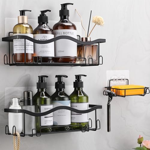 Doucheplank zonder boren, set van 3, roestvrijstalen doucheorganizer, shampoohouder voor de douche, zwart