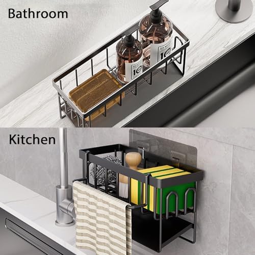 Keukengootsteenorganizer sponshouder – Keukengootsteenorganizer met afneembare theedoekhouder, metalen gootsteenorganizer met automatische afdruipbak
