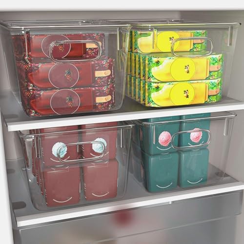 Set van 4 stapelbare koelkastorganizers – 2 grote / 2 middelgrote opbergbakken voor diepvriezers, aanrechtbladen en kasten, doorzichtige kunststof voorraadbakken,