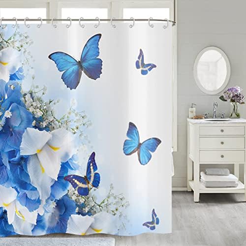 Douchegordijn, blauw 180 x 180 cm, bloemen en vlinders, natuur, droom-fantasie-tuin-badkamergordijn, waterdicht, polyesterweefsel, wasbaar badkamergordijn