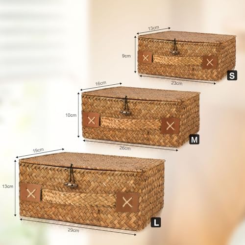 Rieten opbergmand met deksel, 3 stuks gevlochten manden van natuurlijk zeegras, multifunctionele opbergbox voor speelgoed, cosmetica,