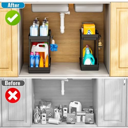 Keukenorganizer – set van 2 rekken voor onder de gootsteen met 4 haken & 1 kopjeshouder, keukenorganizer, badkamerorganizer