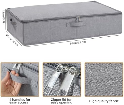Set van 2 opbergboxen voor onder het bed, opbergbox met deksel, opvouwbare stoffen boxen met verstevigde handgreep en ritssluiting voor dekbedden, dekens, kleding, grijs, 80