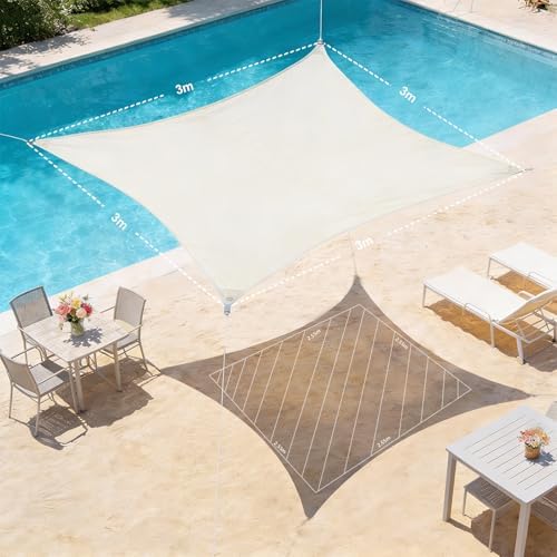 Zonnescherm, waterdicht, rechthoekig, vierkant, 3 x 3 m, zonwering, waterafstotend, hoogwaardig PES-polyester met UV-bescherming voor balkon, tuin, terras