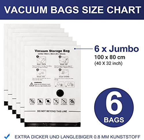 Vacuümzakken voor kleding, set van 6, 100 x 80 cm, vacuümzakken voor kleding, herbruikbare vacuümzakken, geschikt voor alle gangbare stofzuigers