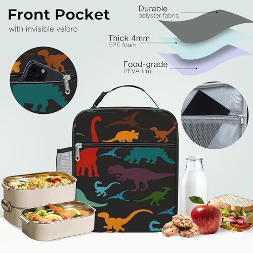 Dinosaurus-koeltas voor kinderen, kleine koeltas „Vulkaan“ voor jongens en meisjes, waterdichte lunchtas voor picknick en school, zwart, dinosaurus