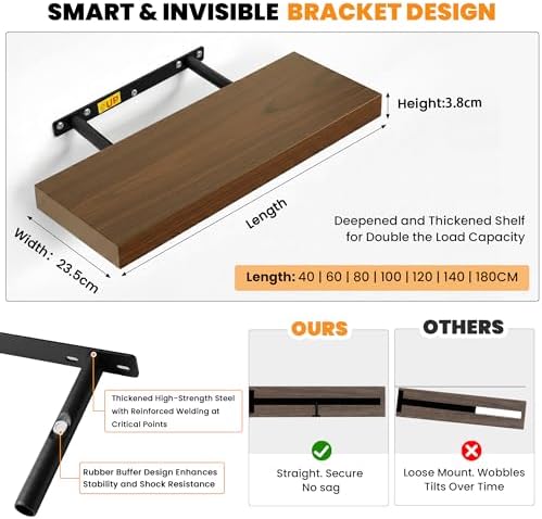 Wandplanken, 60 x 23,5 x 3,8 cm houten wandplank, wandplank met onzichtbare bevestigingen, hangende plank voor slaapkamer, woonkamer