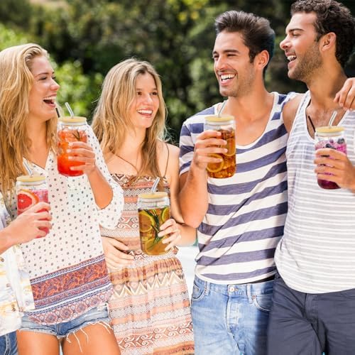 Set van 12 glazen met deksel en rietje, 16 oz/450 ml ijskoffieglazen, cocktailglazen, ijskoffieglas, longdrinkglas met 2 reinigingsborstels