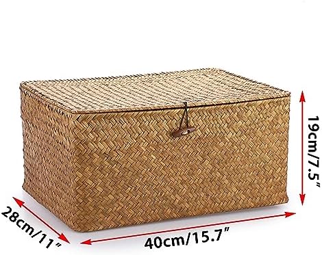 Zeegras opbergmand met deksel, gevlochten rieten mand, bureau mand, rechthoekig, badkamer, opbergdoos, woonkamer, decoratief, onder plank, mand, multifunctioneel