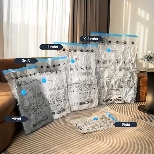 Vacuümzakken voor kleding met luchtdicht ventiel en handpomp, jumbo, set van 6, ritssluiting, transparant
