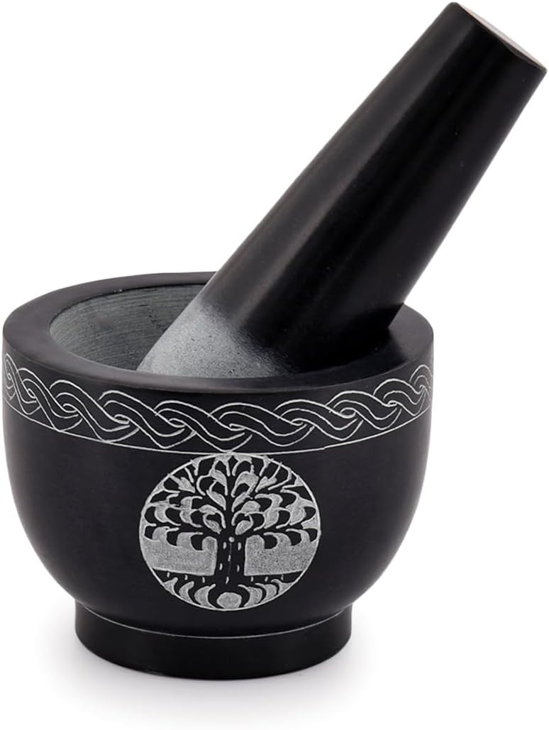 Vijgenboom-vijzel en stamper van natuursteen, diameter 9,5 x 7 cm, stamper 5 x 1,5 inch