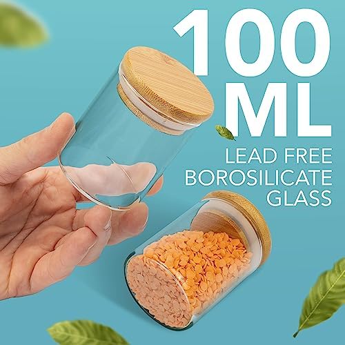 Kruidenpotjes van 100 ml – set van 10 met bamboedeksel en luchtdichte sluiting – bewaarpotjes van borosilicaatglas voor kruiden, specerijen, thee, koffie, rijst en meer –