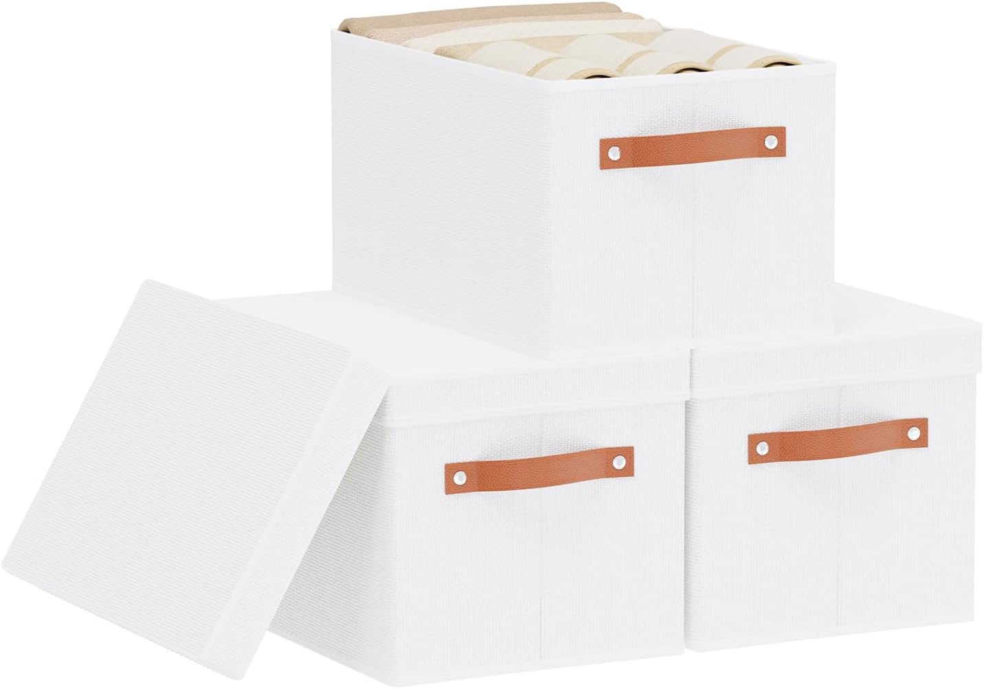 3 stuks opbergboxen, opvouwbare opbergbox met deksel, opbergmanden met handvatten, stoffen boxen voor kleding, wit, 38 x 25 x 21 cm