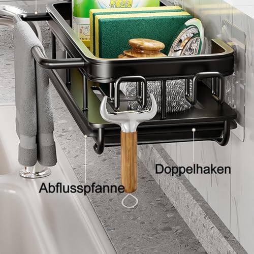 Keukengootsteenorganizer, sponshouder met afdruipbakje, keukengootsteenorganizer met theedoekhouder en twee haken, hangende keukengootsteenorganizer van metaal
