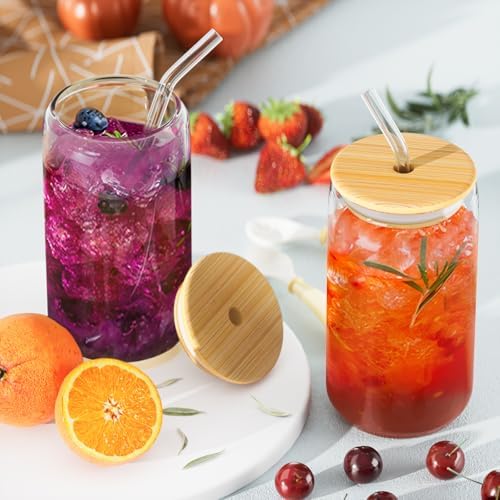 Set van 12 glazen met deksel en rietje, 16 oz/450 ml ijskoffieglazen, cocktailglazen, ijskoffieglas, longdrinkglas met 2 reinigingsborstels