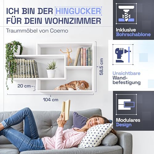 Wandrek Wit Boekenrek Houten hangrek Zwevend rek voor woonkamer, slaapkamer en keuken