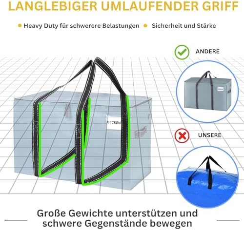 Opbergzak van 102 liter, opbergbox met deksel, verhuiszak met stevige handvatten en ritsen, alternatief voor verhuisdozen, opvouwbare kledingopbergtas (lichtblauw)