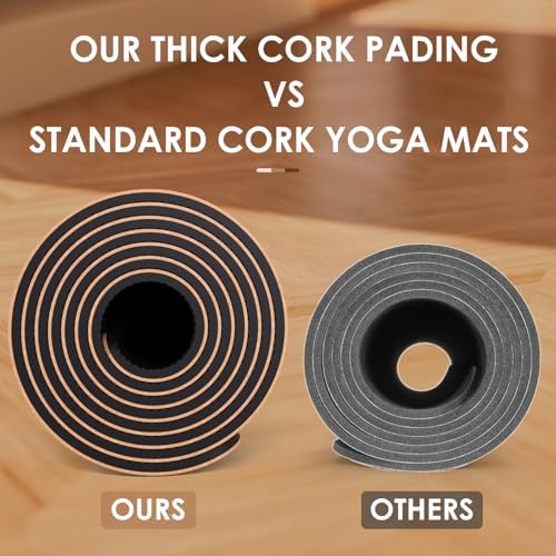 Yogamat – kurk, antislip, uniek ontwerp, extra dik natuurlijk kurk, TPE-fitnesstrainingsmat met draagtas en riem, voor thuis, pilates