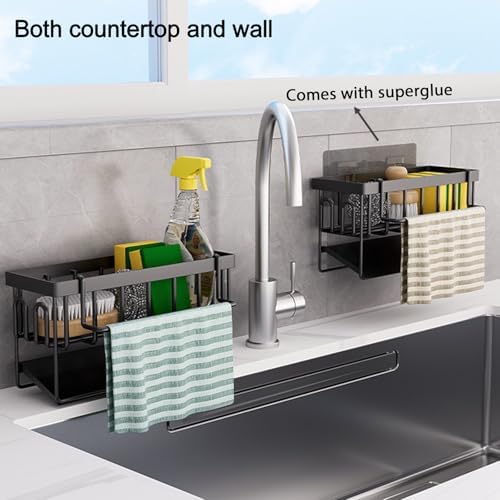 Keukengootsteenorganizer sponshouder – Keukengootsteenorganizer met afneembare theedoekhouder, metalen gootsteenorganizer met automatische afdruipbak