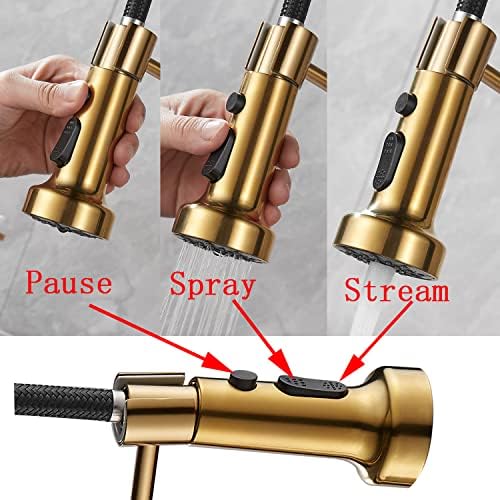 Goudkleurige keukenmengkraan met uittrekbare handdouche, commerciële 360°-draaibare kraan, 3 standen met 2 uitlopen (straal en sproeistraal), douchekop (H-goud geborsteld)