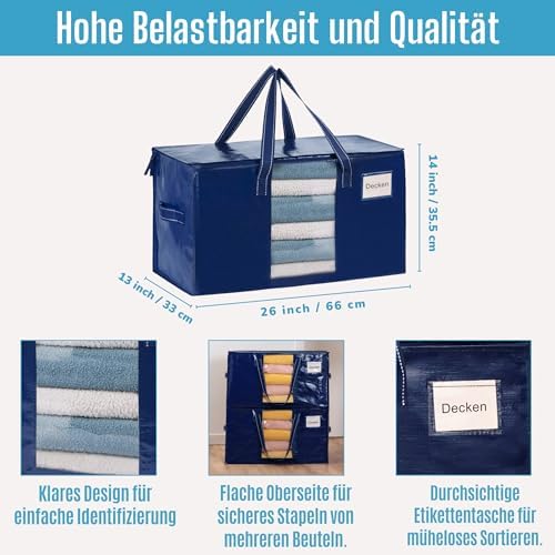 Set van 4 XXL-verhuistassen (87 liter) met venster, opvouwbare opbergtas, stevige handvatten en ritssluiting, alternatief voor verhuisdozen voor kleding, blauw