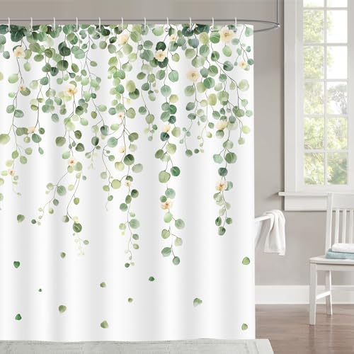Douchegordijn, groene bladeren, 180 x 180 cm, eucalyptusblad, plant, douchegordijn, waterdicht en schimmelbestendig, wasbaar, polyesterweefsel, badkamergordijn voor badkuipen, met 12 haken