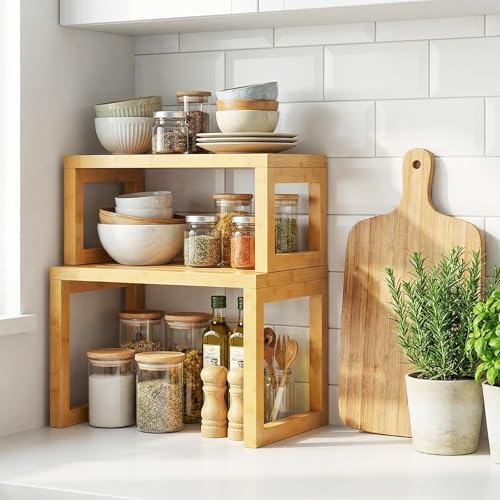 Kruidenrek, set van 2 keukenorganizers, bamboe keukenrek, kastorganizer, kruidenhouder, klein rek voor keuken, eetkamer, woonkamer, kantoor, kast