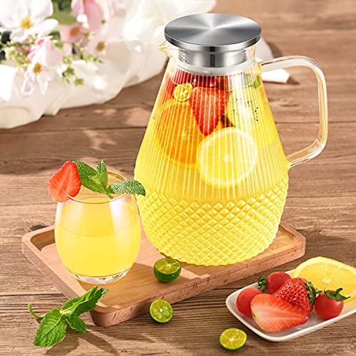 Waterkaraf, glazen karaf met deksel, 2,4-liter karaf, glazen kan met deksel, waterkaraf van borosilicaatglas, glazen kan voor ijsthee, waterkaraf, glazen kan, Hea